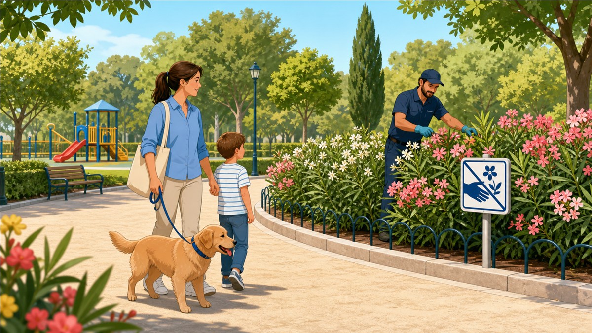 Familia con menor y perro paseando con seguridad junto a adelfas señalizadas y mantenidas en un parque.