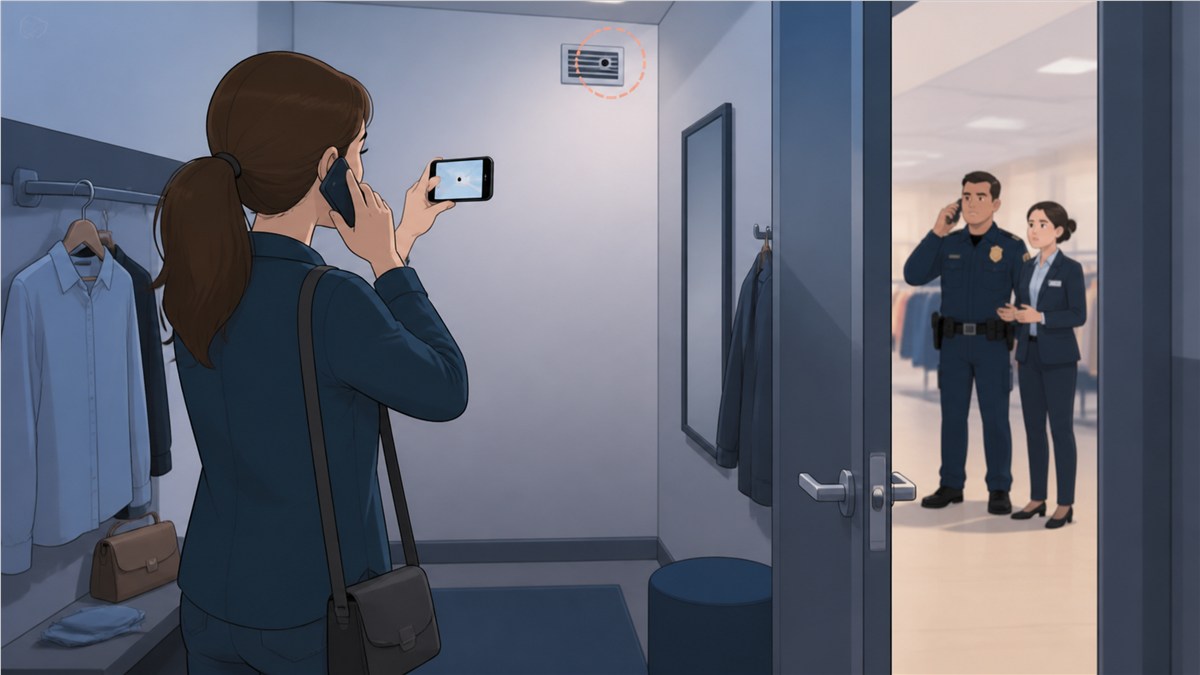 Persona documentando una posible cámara oculta sin tocarla y avisando a las autoridades