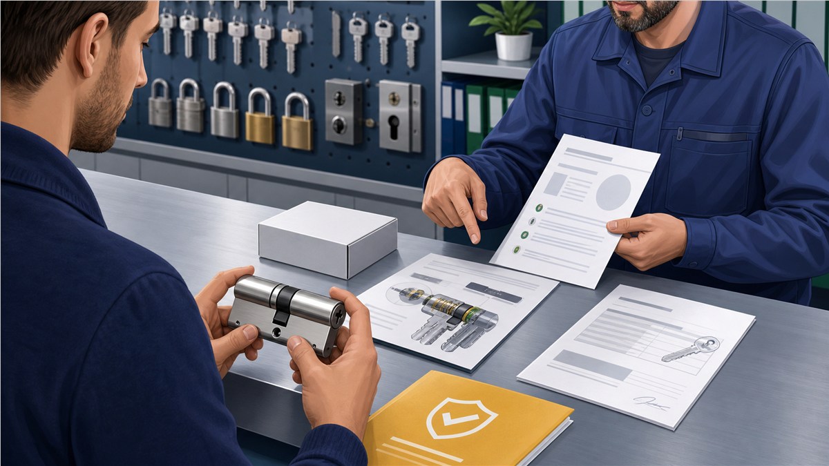 Comprador revisa el bombín, su certificado técnico y la garantía antes de comprar