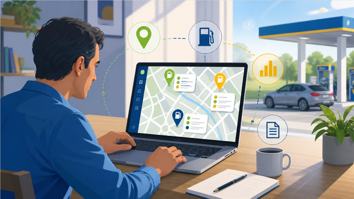 Conductor consulta un mapa oficial para comparar estaciones y precios de combustible