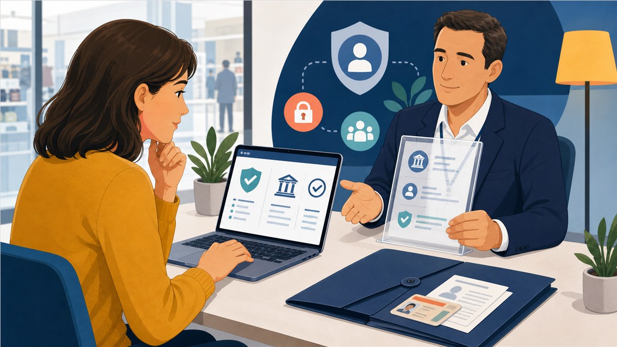 Consumidora verificando la identidad de una entidad financiera antes de entregar su DNI y nómina.