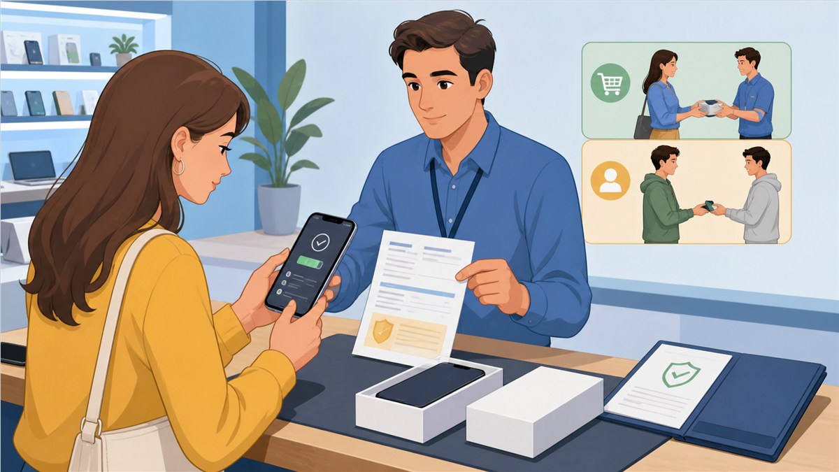 Compradora comprobando el estado, la batería, la factura y la garantía de un móvil reacondicionado