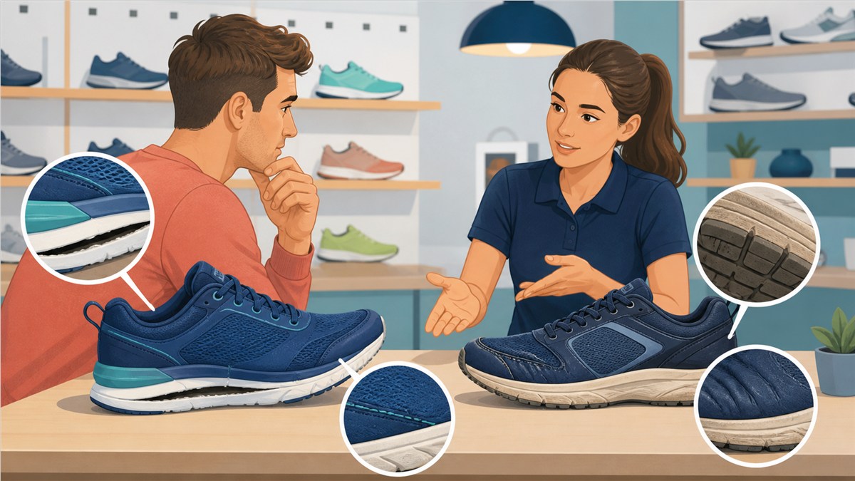 Comparación entre una zapatilla con defecto de fabricación y otra con desgaste normal por el uso.