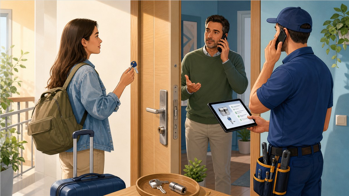 Huésped, propietario y cerrajero coordinando una solución para una cerradura cambiada