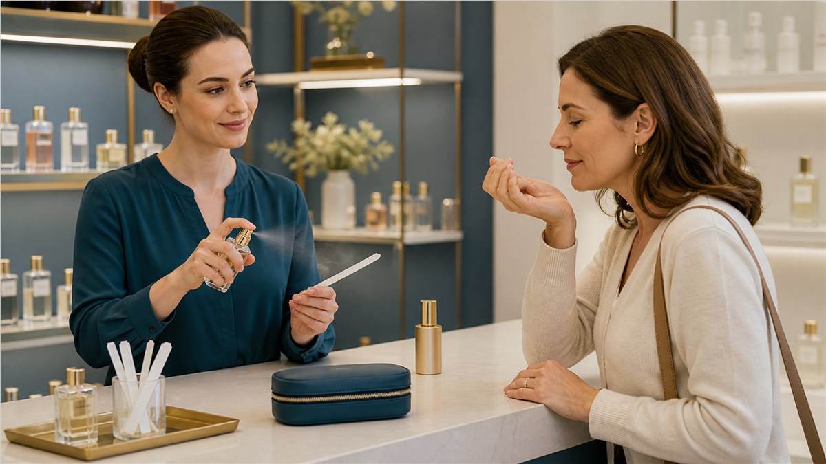 Clienta probando perfume con una tira olfativa bajo la atención de la dependienta