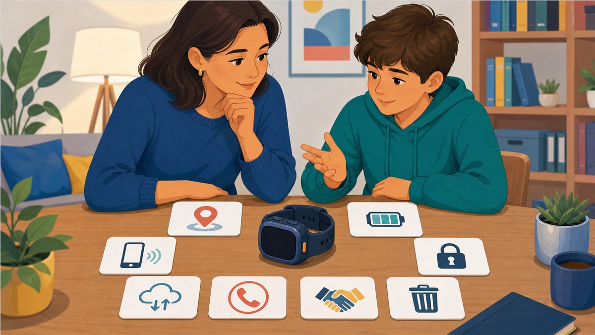 Madre y menor evaluando una pulsera GPS mediante ocho criterios de seguridad, privacidad y consentimiento.