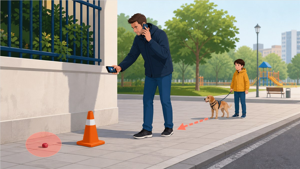Persona señalizando un posible cebo venenoso en la calle mientras mantiene alejados a un menor y un perro.