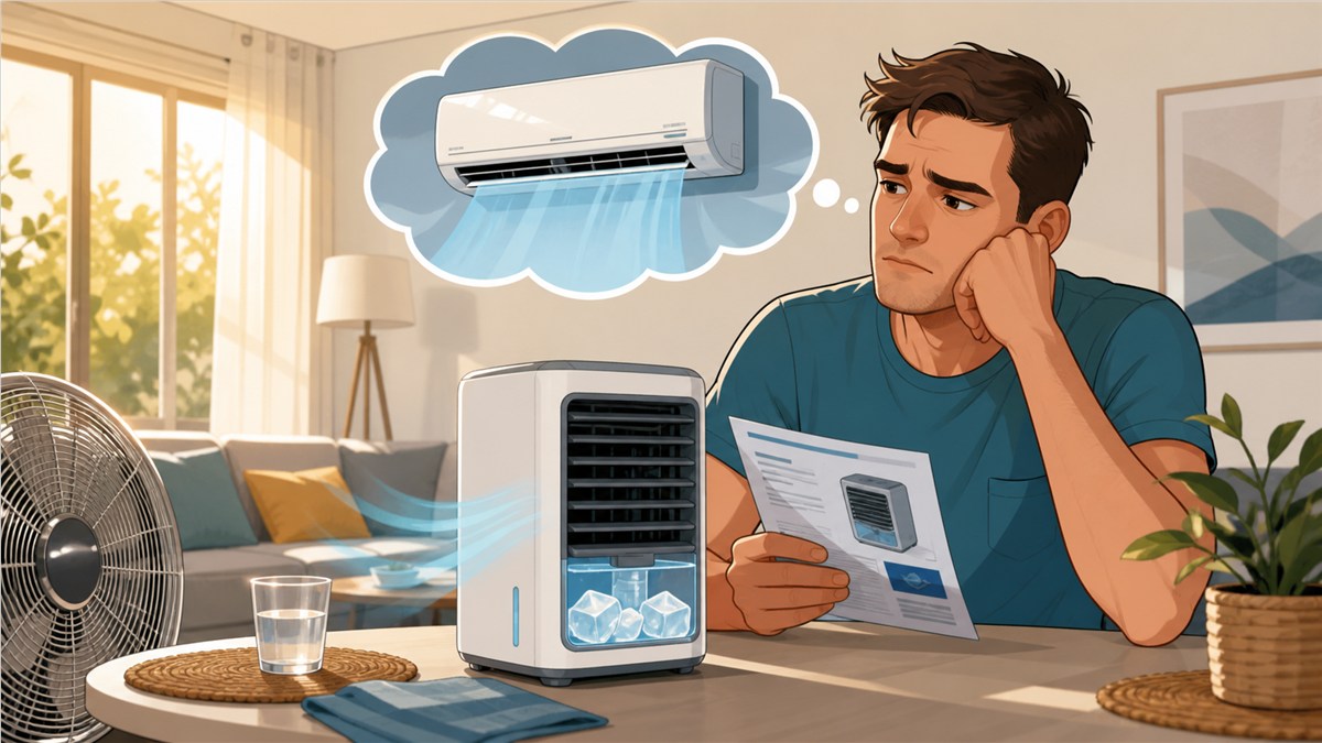Consumidor compara un climatizador con hielo con un aire acondicionado real antes de reclamar por publicidad engañosa