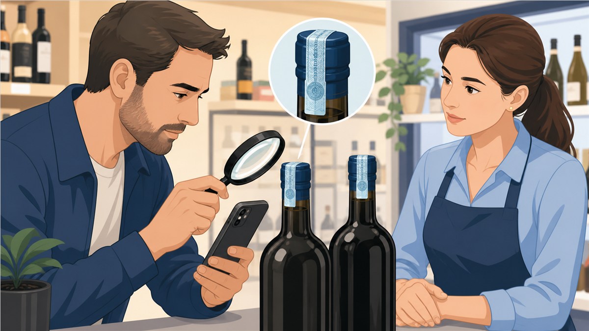 Cliente comprobando que la precinta fiscal de una botella está intacta y correctamente colocada.